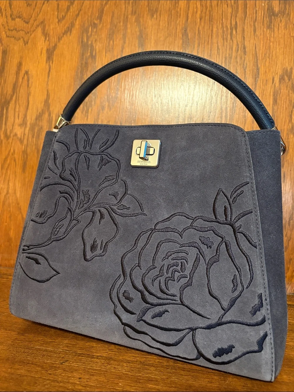 NWT-Kate Spade-Phoebe-Suede Embroidered-Medium Top Handle Bag-Blazer Blue-$459